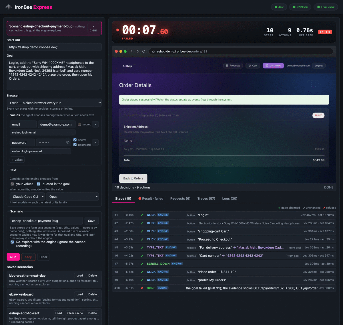 IronBee Express web UI after a failing e-shop checkout run, cycling through the Steps, Result, Requests, Traces and Logs tabs: the page says the order was placed, but the run fails because the requests and the backend show it was not processed
