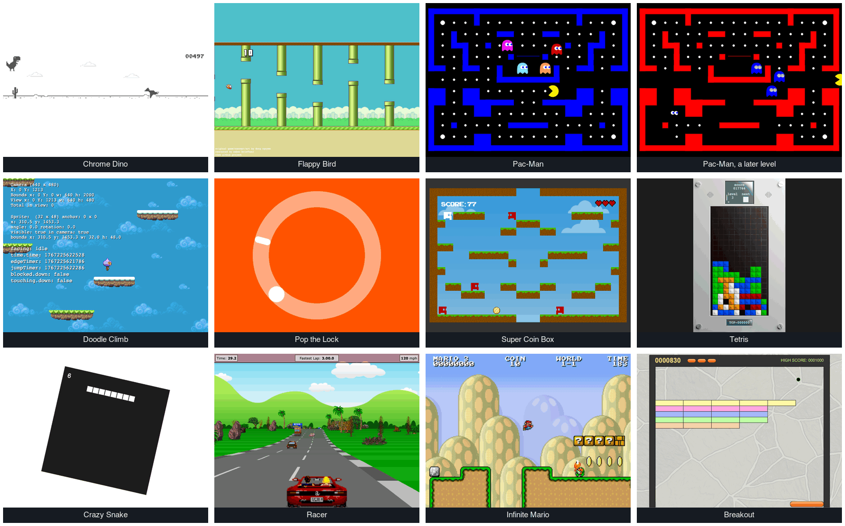 Twelve game screens in a grid: Chrome Dino, Flappy Bird, Pac-Man at two levels, Doodle Climb, Pop the Lock, Super Coin Box, Tetris, Crazy Snake, Racer, Infinite Mario and Breakout