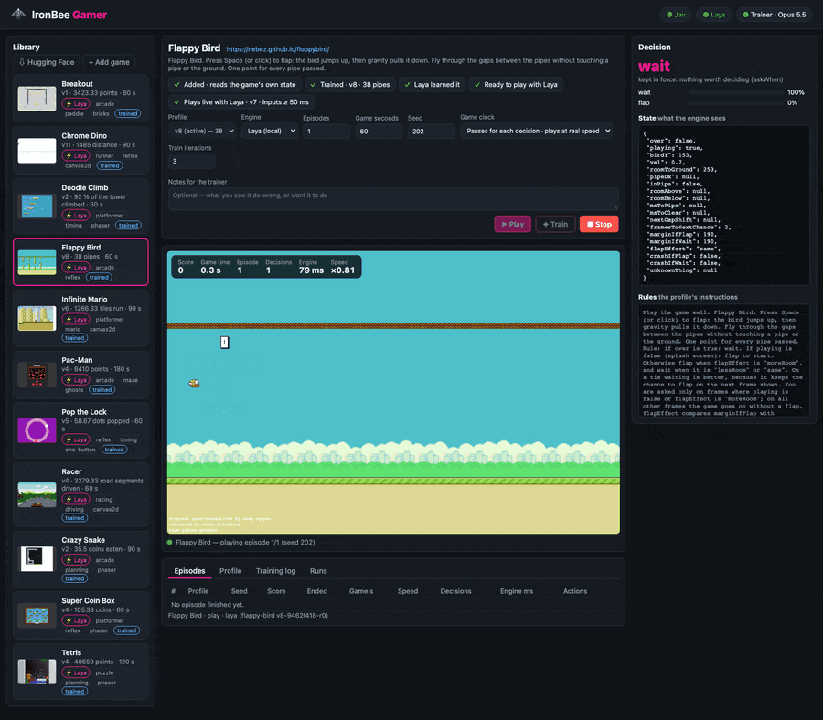 The web UI while Laya plays Flappy Bird: the library on the left, the game's live view in the middle, and on the right each decision as it is made, the state it was made on and the profile's rules