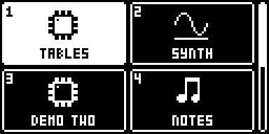 The Digitone's Mod Menu: four tiles, each an icon over a label with its trig key's number, TABLES selected, and a scroll bar