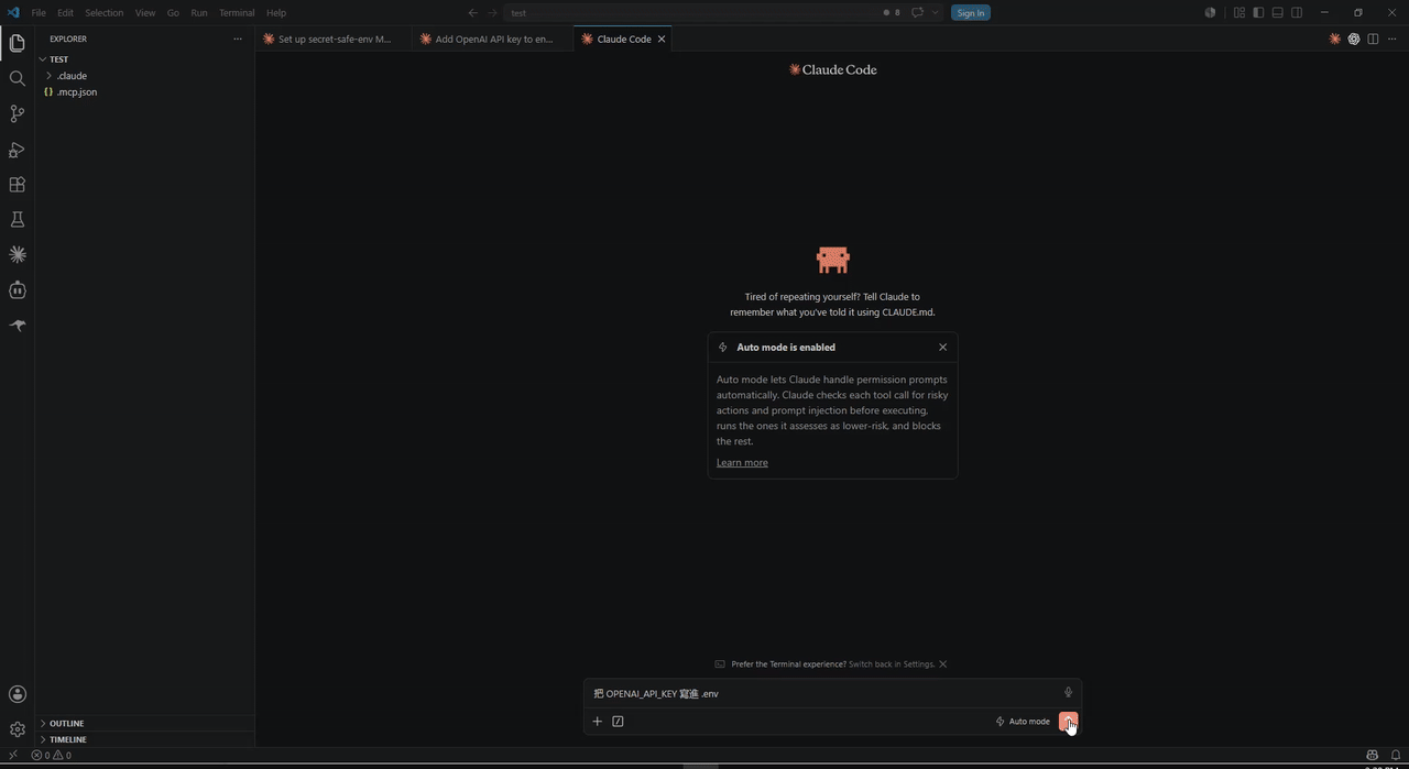secret-safe-env demo — the agent calls the tool with only the key name; a masked dialog opens locally for you to type the value, which is written straight to .env