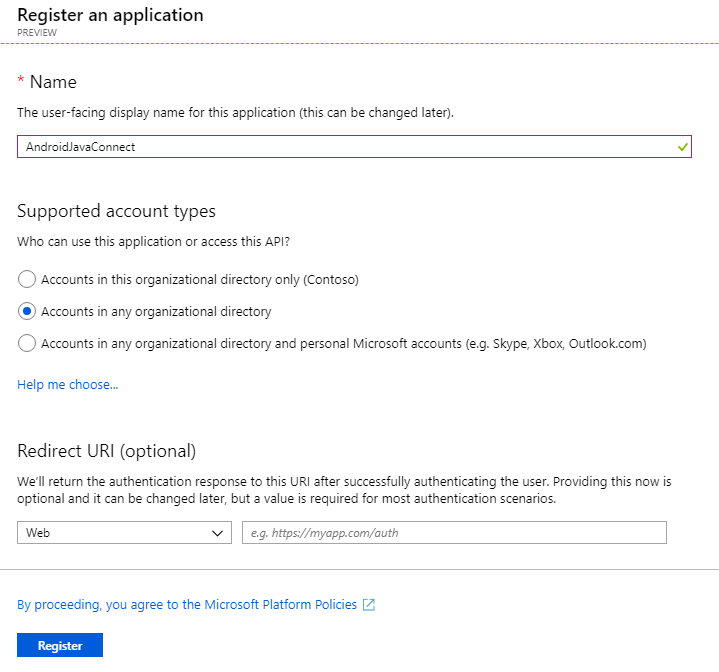 A screenshot of the Register an application page