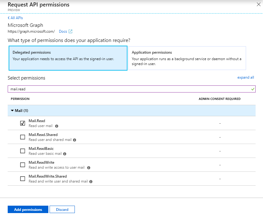 A screenshot of Delegated permissions