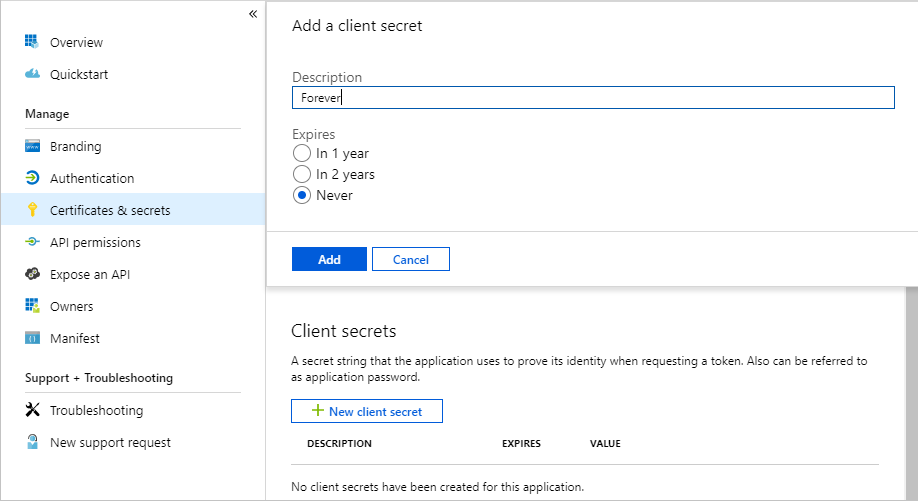 A screenshot of the Add a client secret dialog