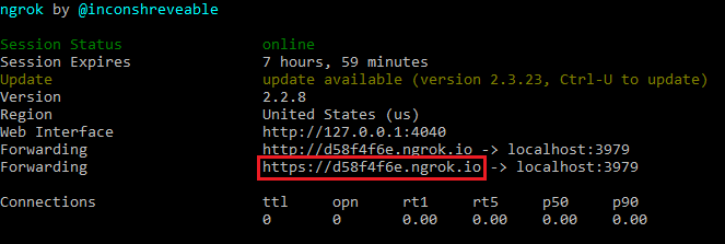 The forwarding HTTPS URL in the ngrok console