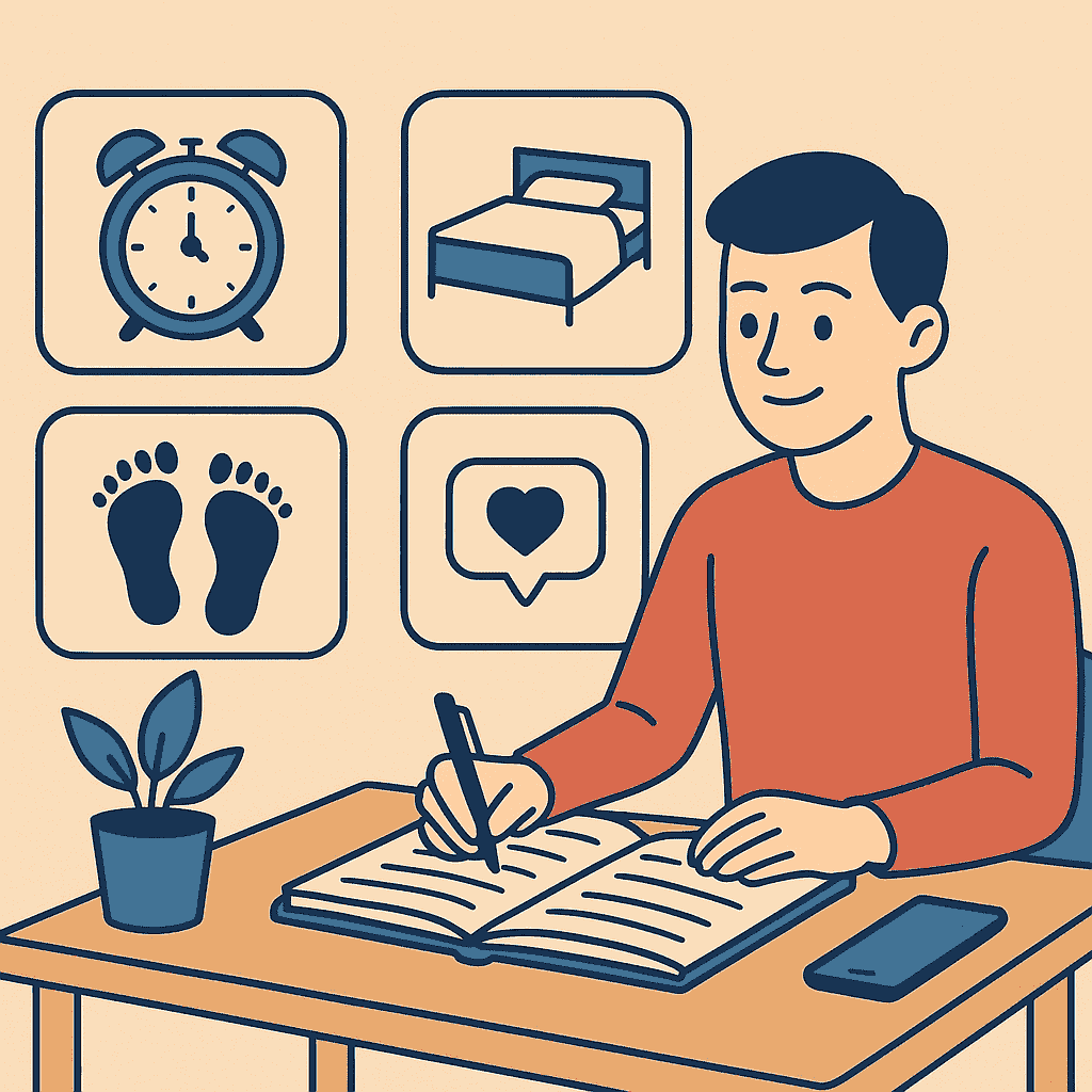 Ilustrasi minimalis seseorang menulis jurnal di meja dengan ikon kebiasaan sehat seperti jam alarm, tempat tidur, jejak kaki, dan simbol hati.