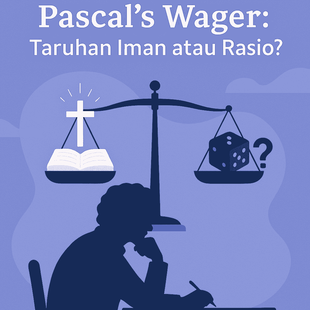 Ilustrasi Pascal's Wager dengan timbangan iman dan rasio untuk artikel blog fastman.web.id