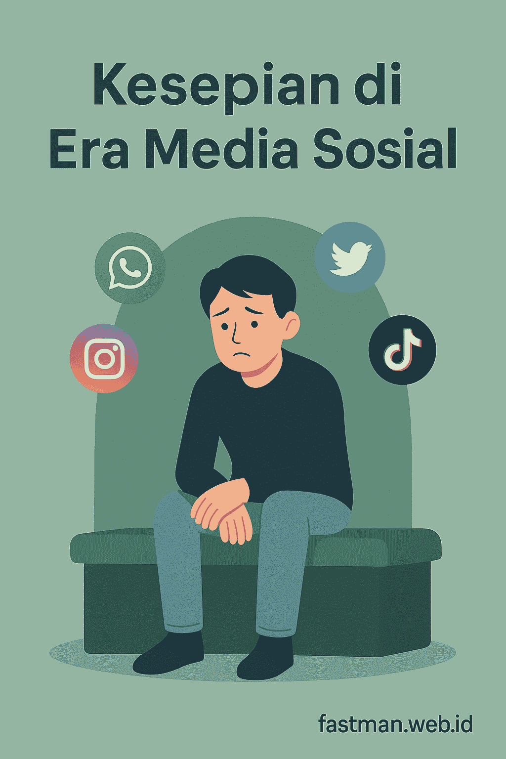 Ilustrasi modern seseorang duduk sendirian dikelilingi ikon notifikasi media sosial dengan teks judul Kesepian di Era Media Sosial dan watermark fastman.web.id