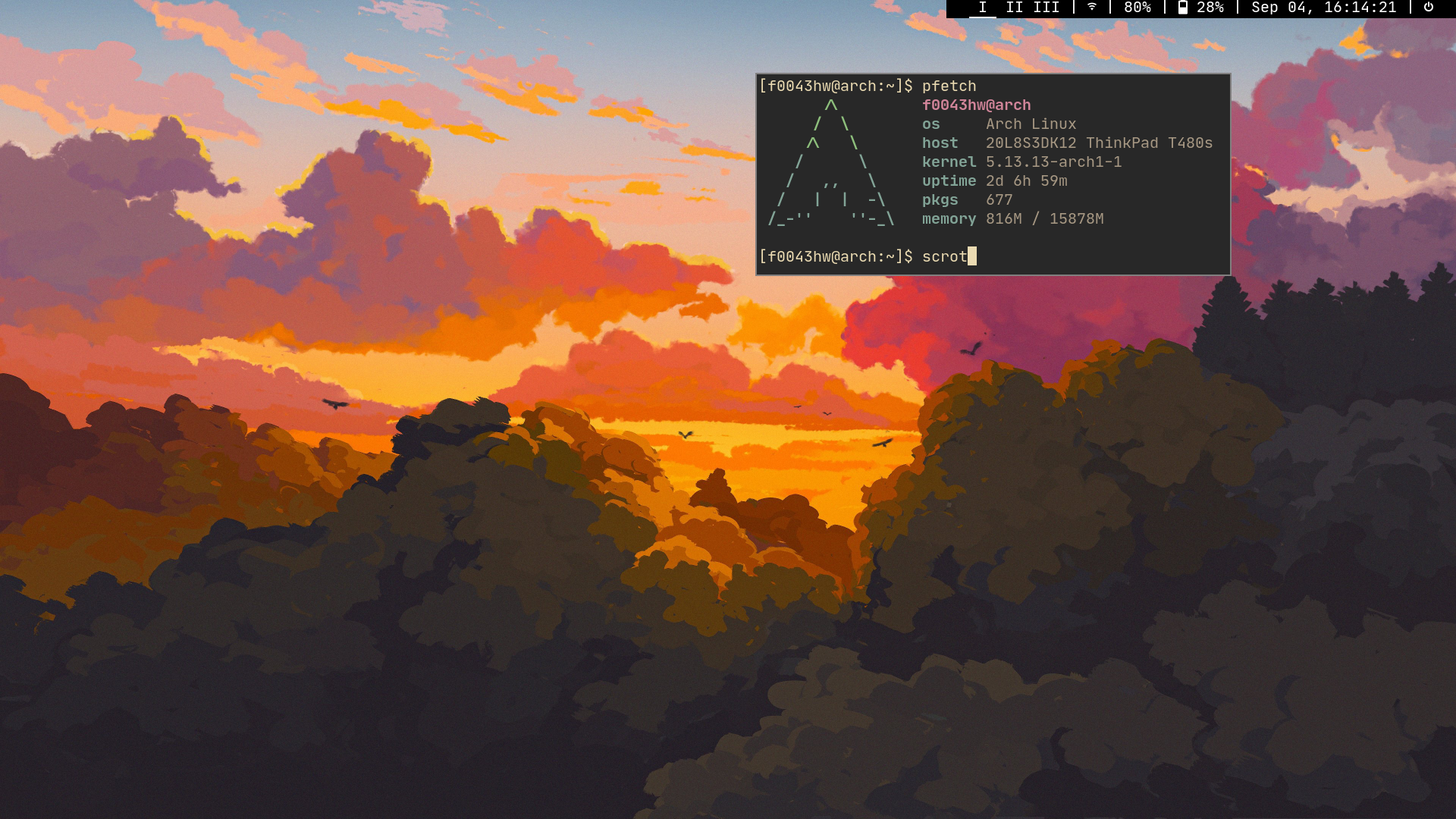 screenshot of the desktop, the background is a painting of a sunset