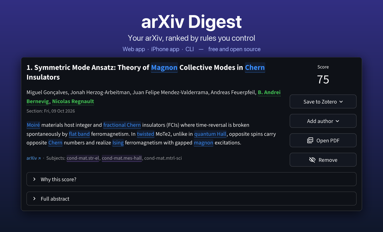 arXiv Digest: your arXiv, ranked by rules you control. A ranked paper card with followed authors and a matched keyword highlighted, its score, and Save to Zotero, Add author, Open PDF and Remove buttons