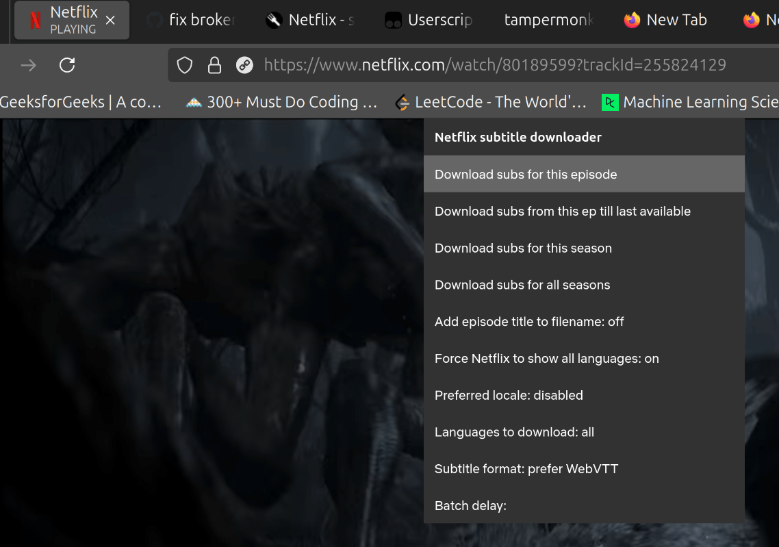 Screenshot of "Download subs" option