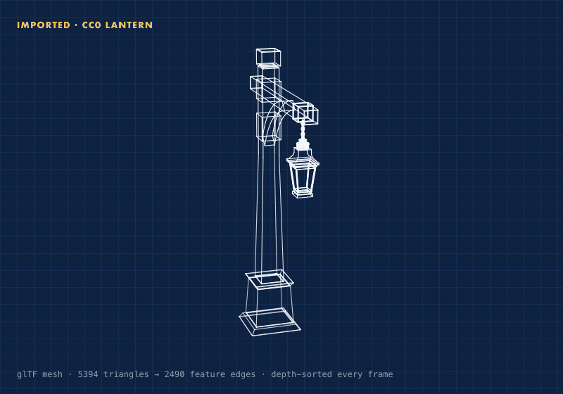 A street lantern imported from a glTF mesh and rendered by linework as feature-edge linework, orbiting