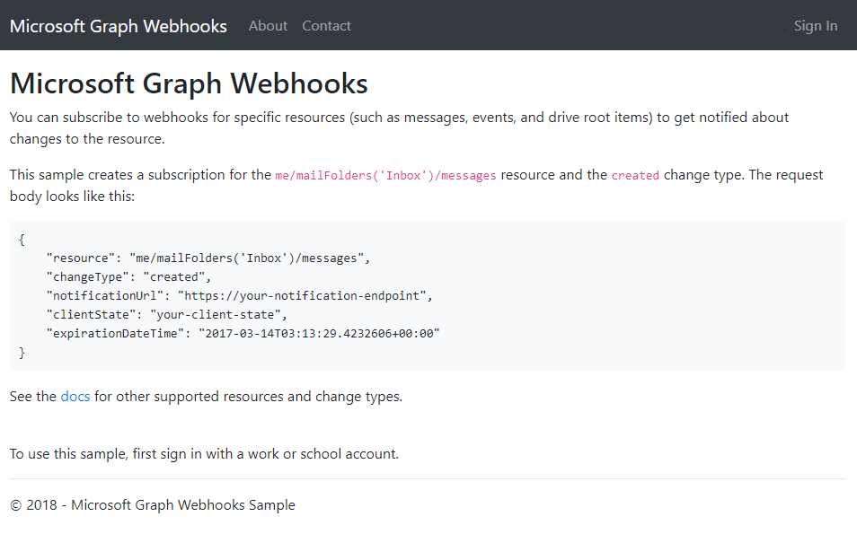 Microsoft Graph Webhook Sample for ASP.NET screenshot