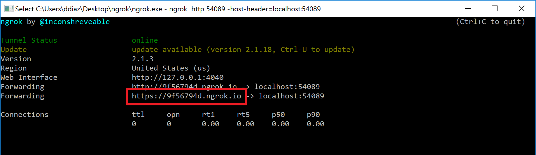 The forwarding HTTPS URL in the ngrok console