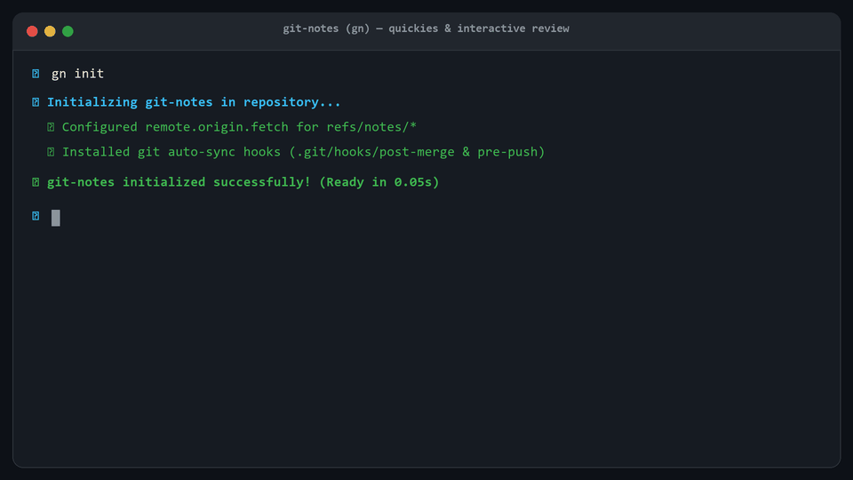 git-notes Terminal Demo — add → TUI → sync → GitHub PR