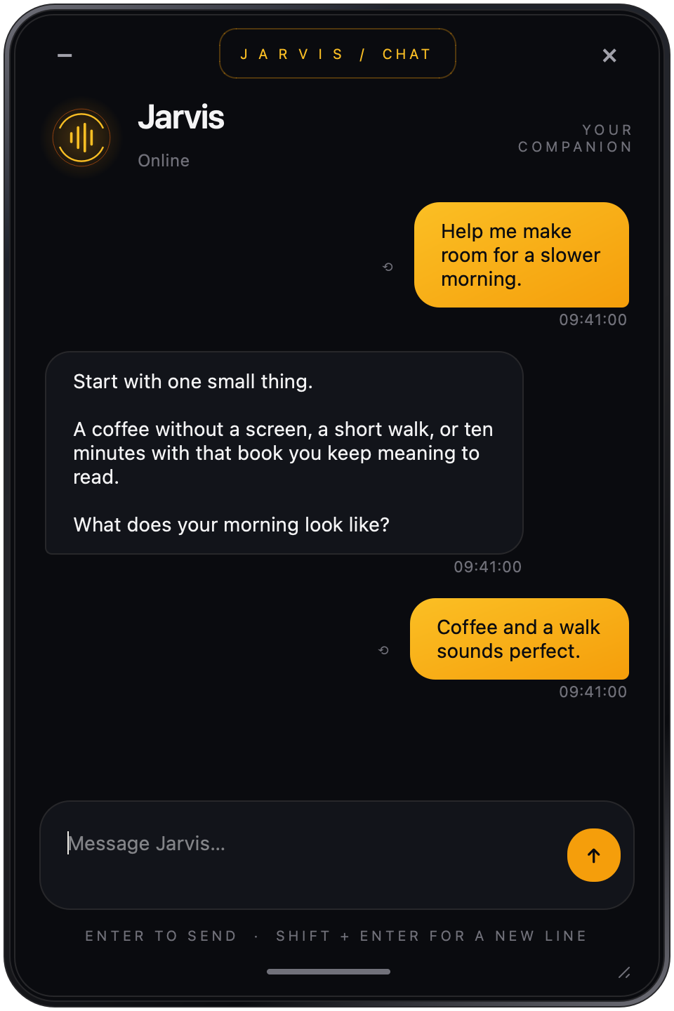 Jarvis companion chat in its rounded graphite phone-style window, showing illustrative messages and an amber composer