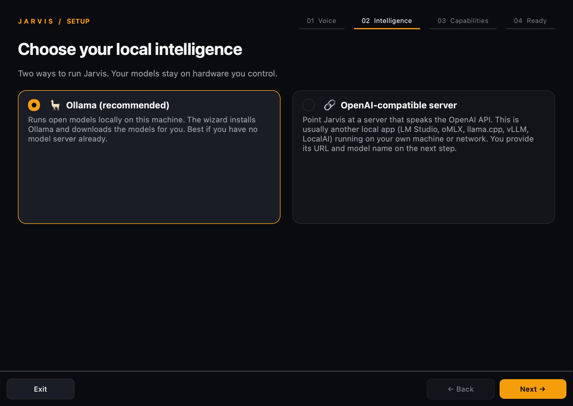 Current setup wizard with separate cards for Ollama and an OpenAI-compatible local server