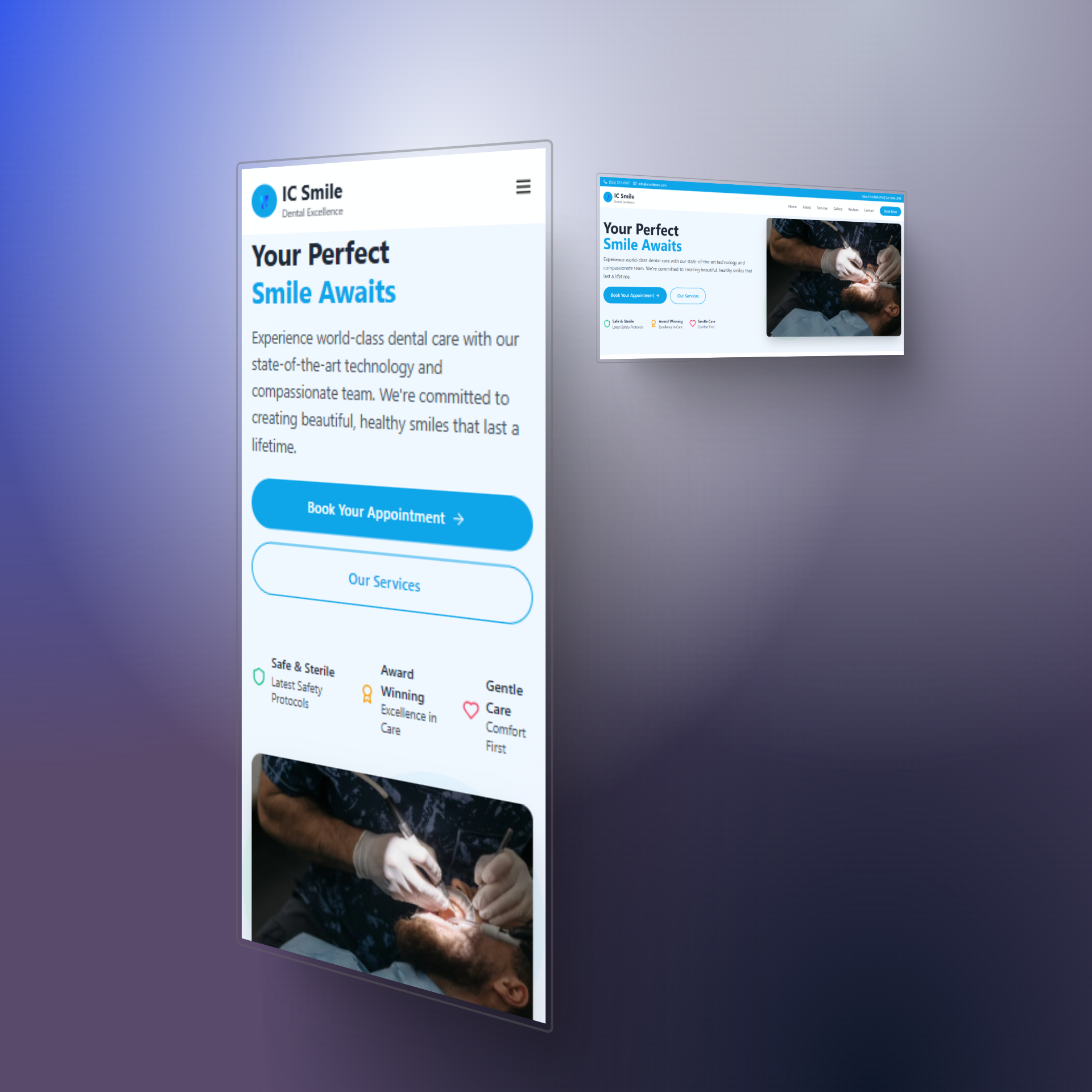 Aperçu d’IC Smile, un site de clinique dentaire avec services et rendez-vous