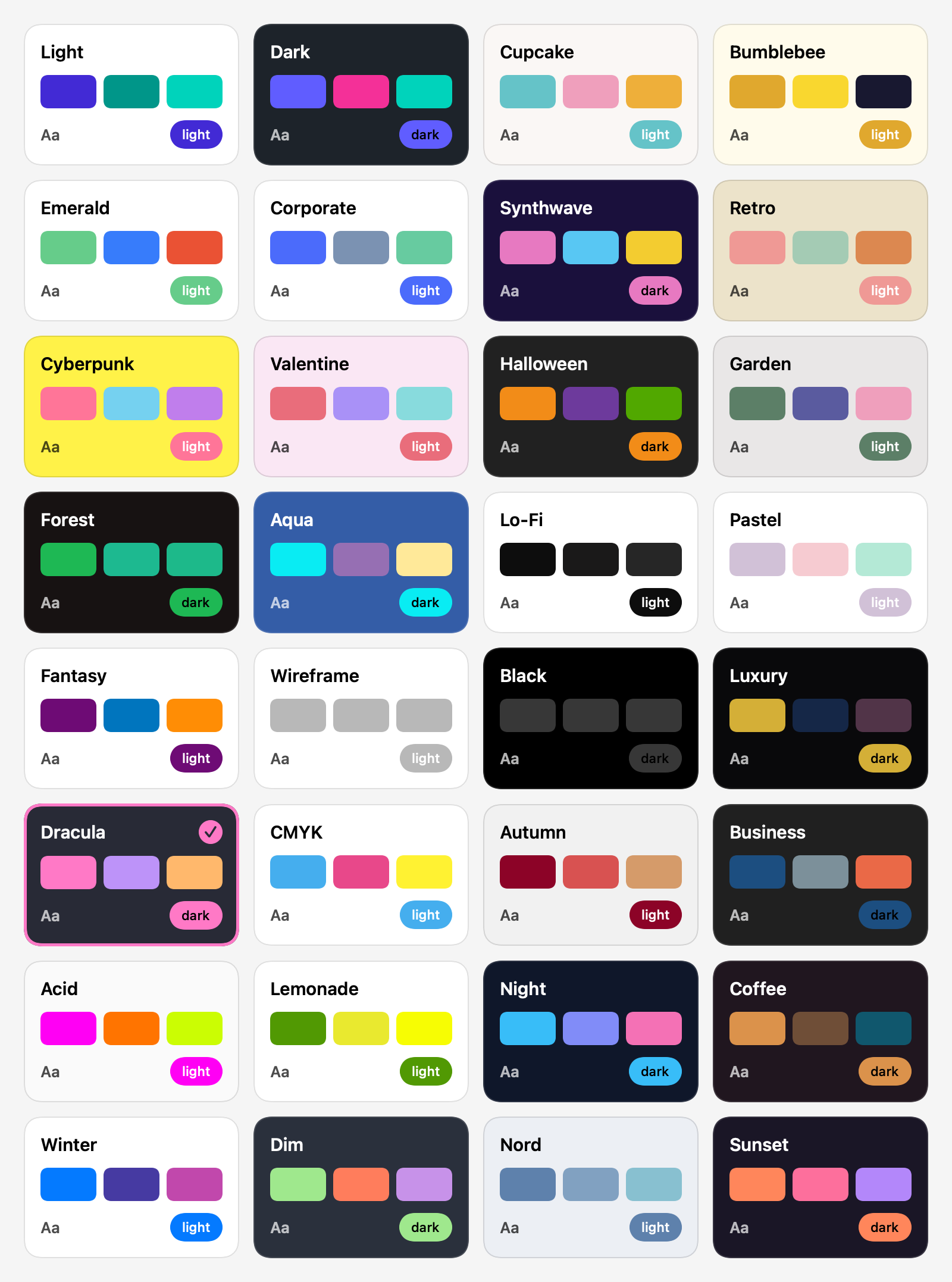 ThemePicker — a grid of all 33 theme presets, each card painted in its own colors