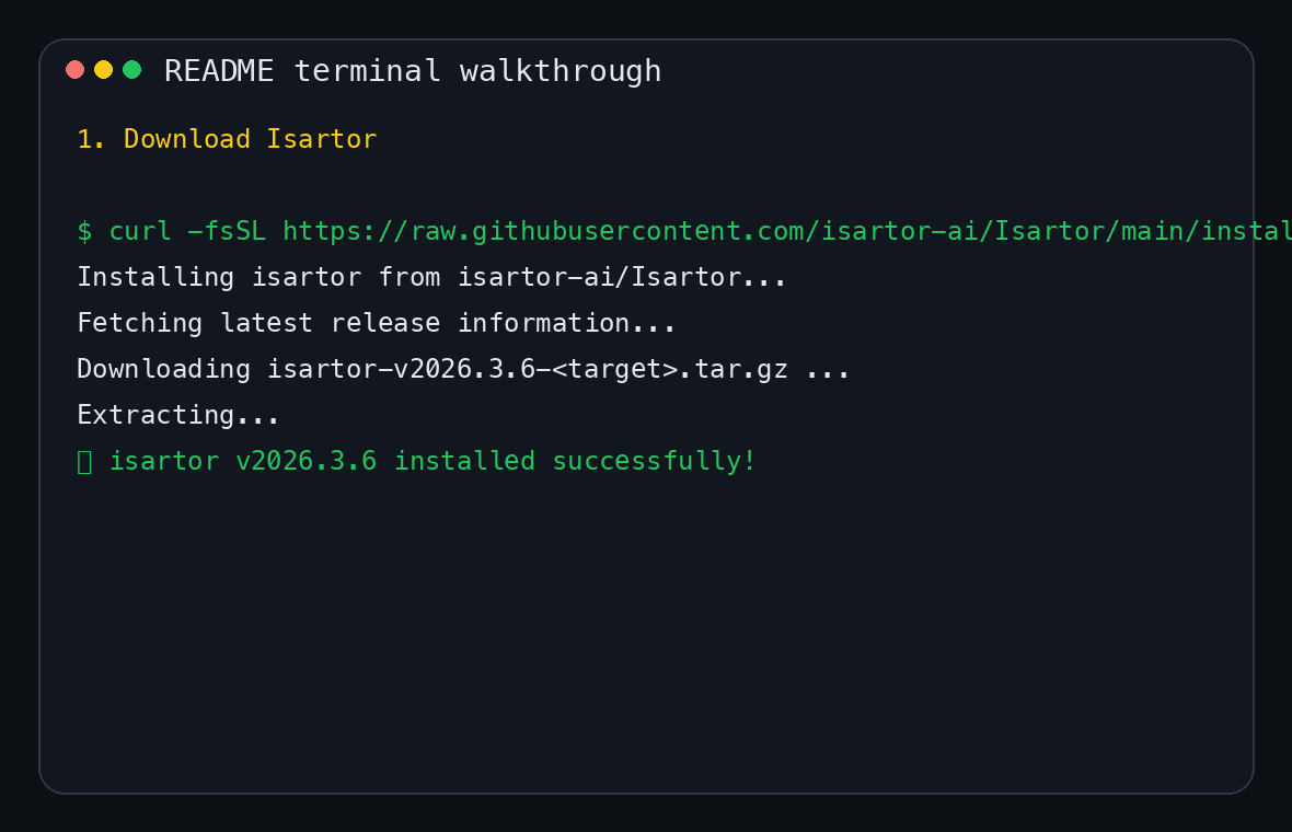 Animated terminal walkthrough showing install, isartor up, and isartor demo