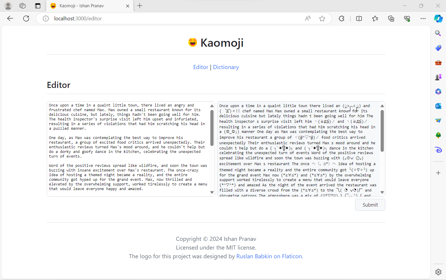 Screenshot of the Kaomoji web application.