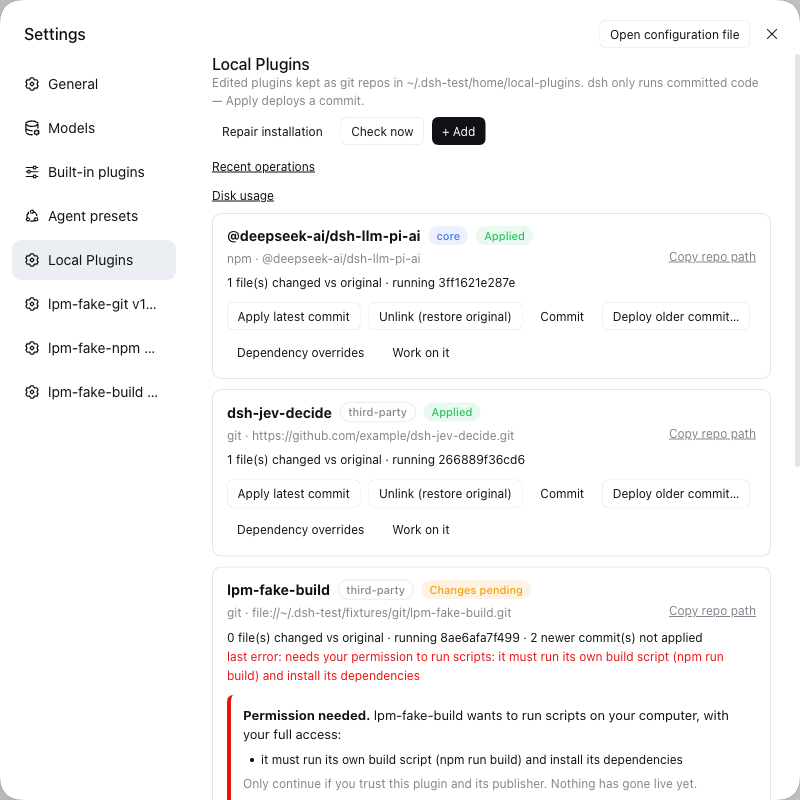 Settings → Local Plugins: every plugin you customize, its status in plain words, and the next action you probably want