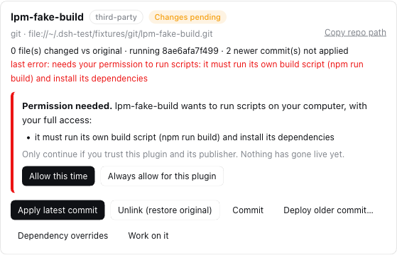 A plugin asking for permission: nothing has gone live yet