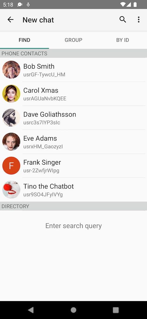 App screenshot - searching for contacts