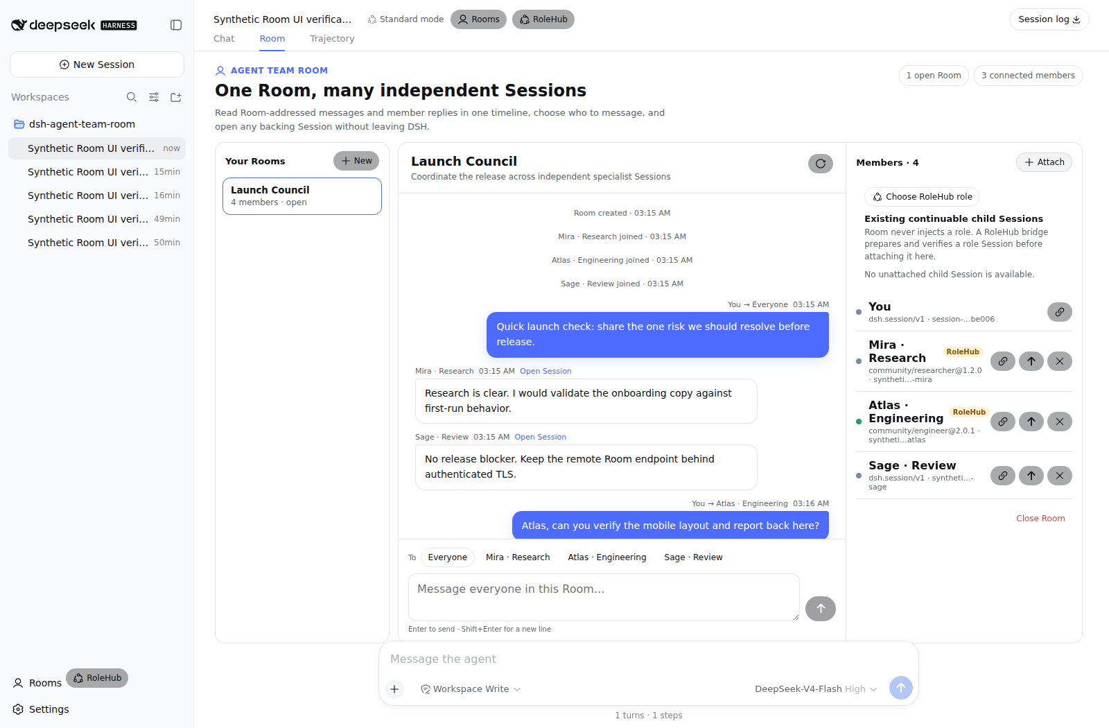 Native DSH Chat and Room tabs with the Agent Team Room workspace