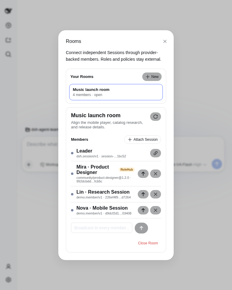 Agent Team Room overview inside a native DSH Web modal