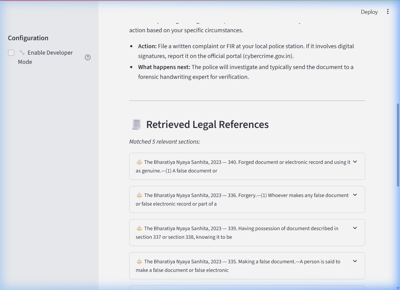 LawDecoder citation view in developer mode displaying RRF ranks and selection reasons