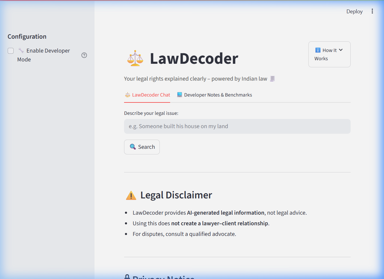LawDecoder Streamlit user chat landing page showing response layout