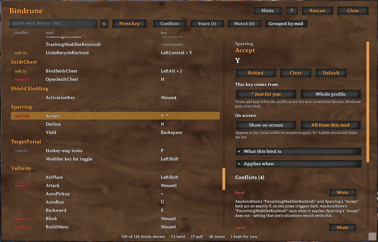 The Bindrune keybind panel