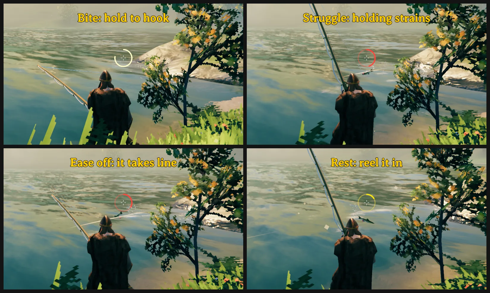 The crosshair ring through a fight: white as it drains after the bite, red filling as a held struggle strains the line, red emptying as the line is eased off, yellow while the resting fish is reeled in