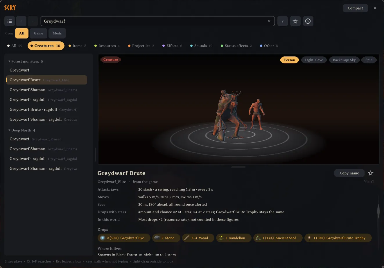A creature on the Scry turntable with its details