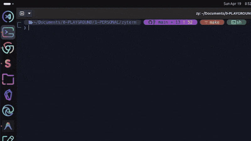 zyterm in a live session: HUD, streaming output, anchored input bar