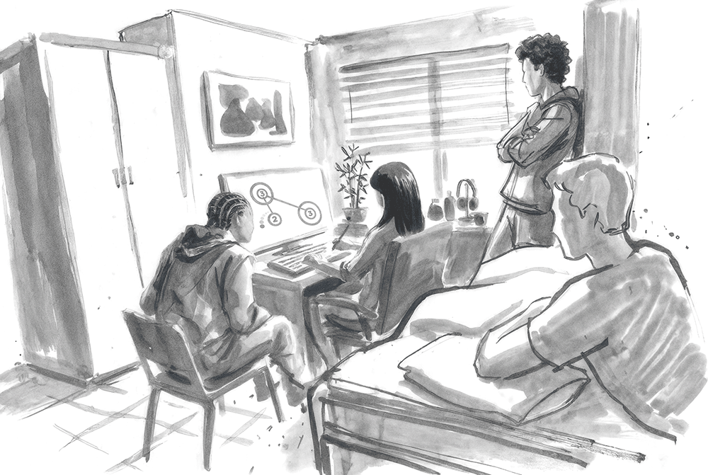 My friends and I watching another friend play osu! in my dorm