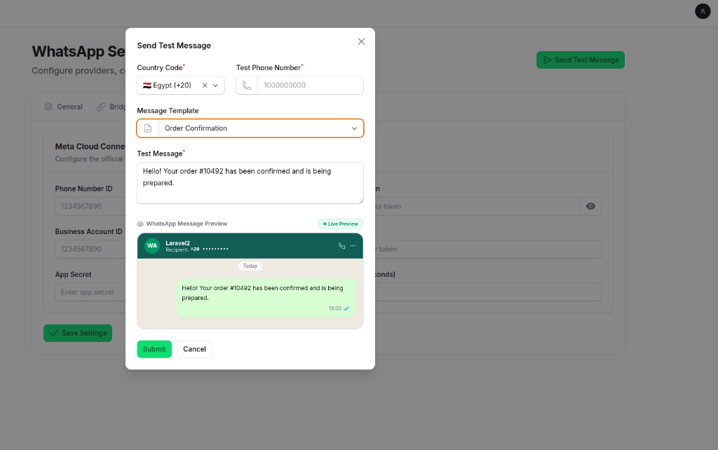 Send Test Message Modal