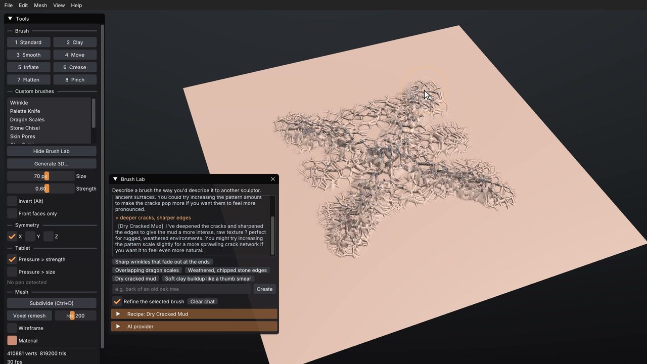 Brush Lab: an AI-designed cracked-mud brush carved into a plane