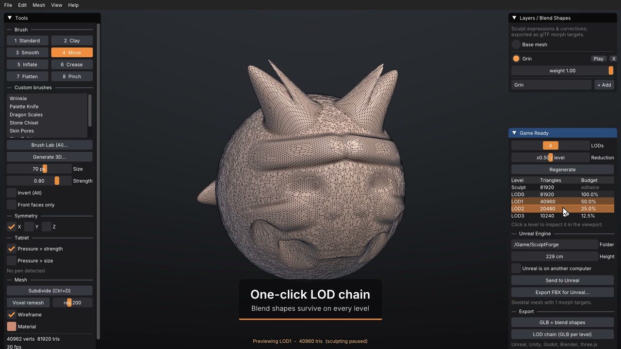 LOD chain preview with wireframe and the Game Ready panel