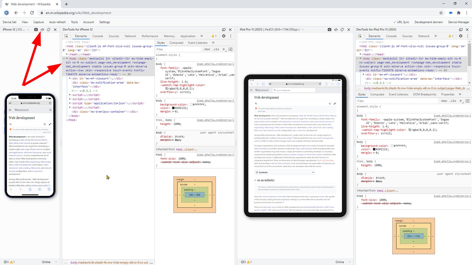 DevTools do navegador Blisk: painéis abertos para iPhone 12 e iPad Pro 11.
