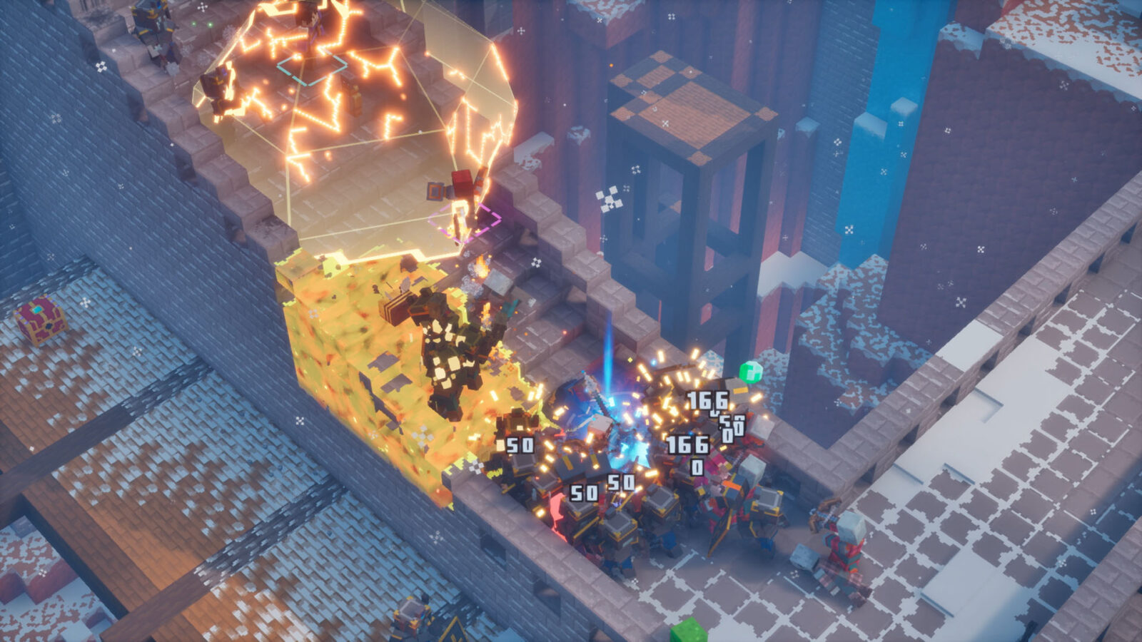 Combat in a stone and tile area with a glowing orange geode and blue pillars in the background.