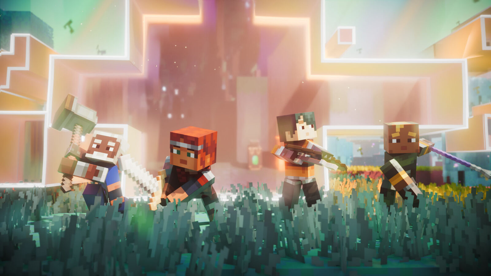 Minecraft Dungeons II characters in a glowing biome, with blue-green grass and pink and gold structures emitting light.