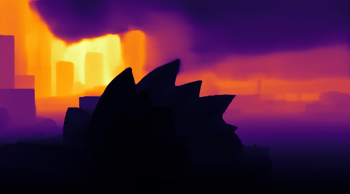 Colorized depth estimation output showing a city skyline