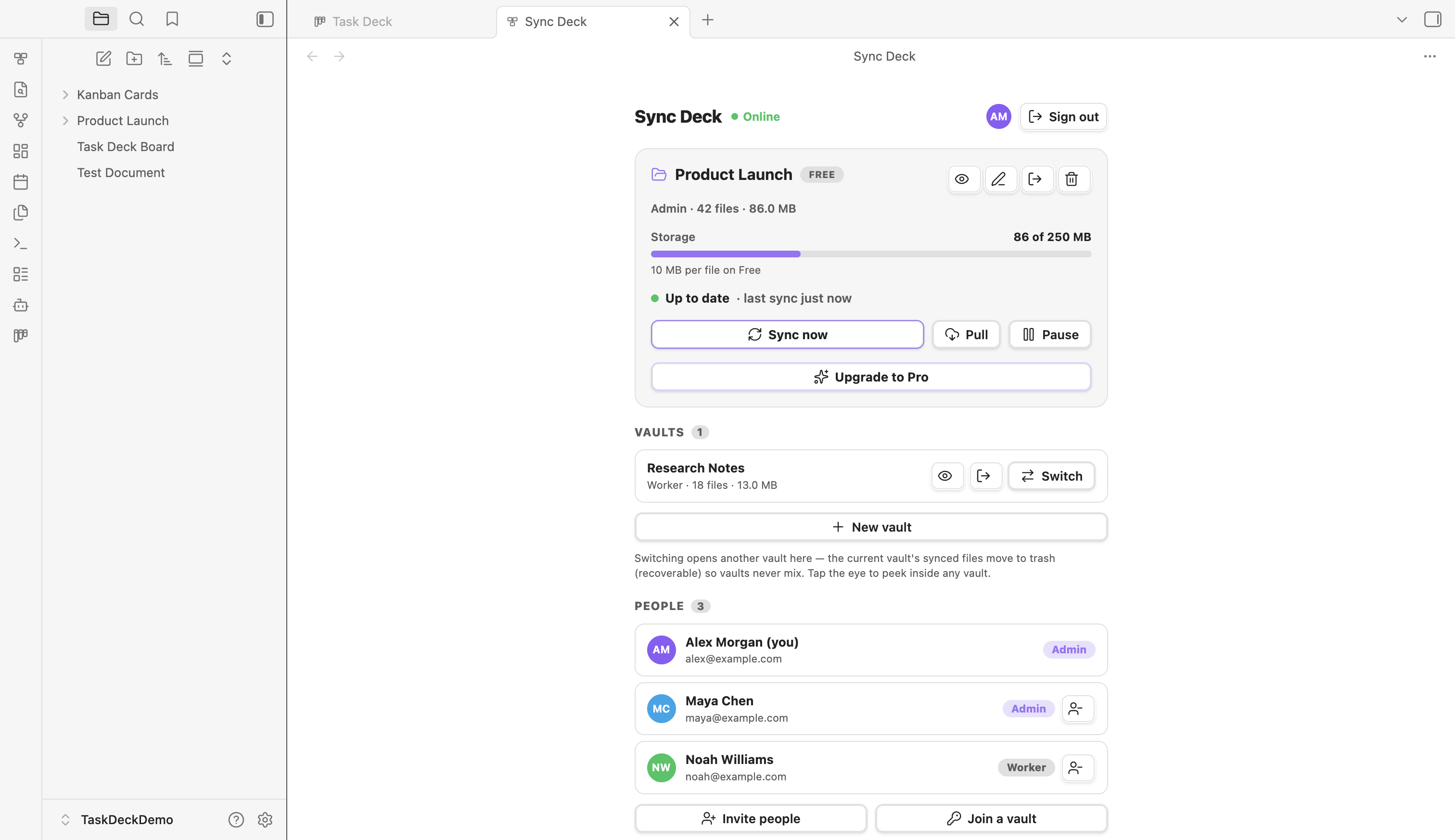 Sync Deck vault dashboard with storage, vault switching, and team members