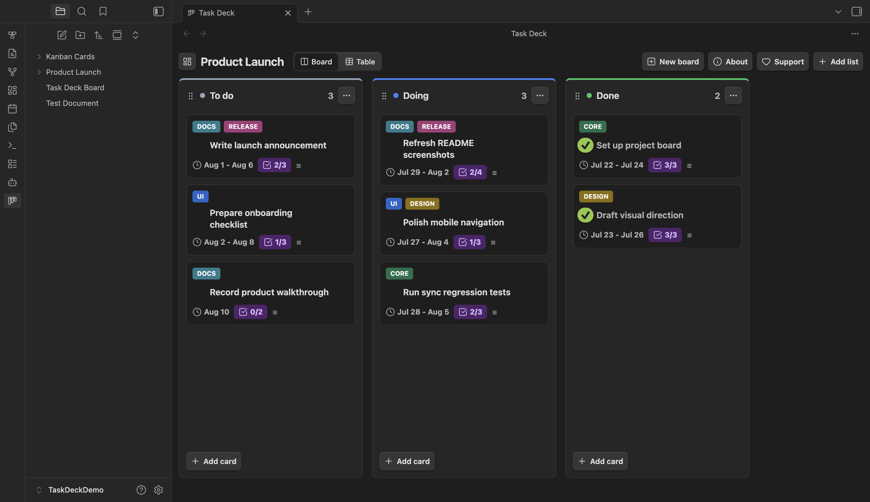 Task Deck board view with To do, Doing, and Done lists