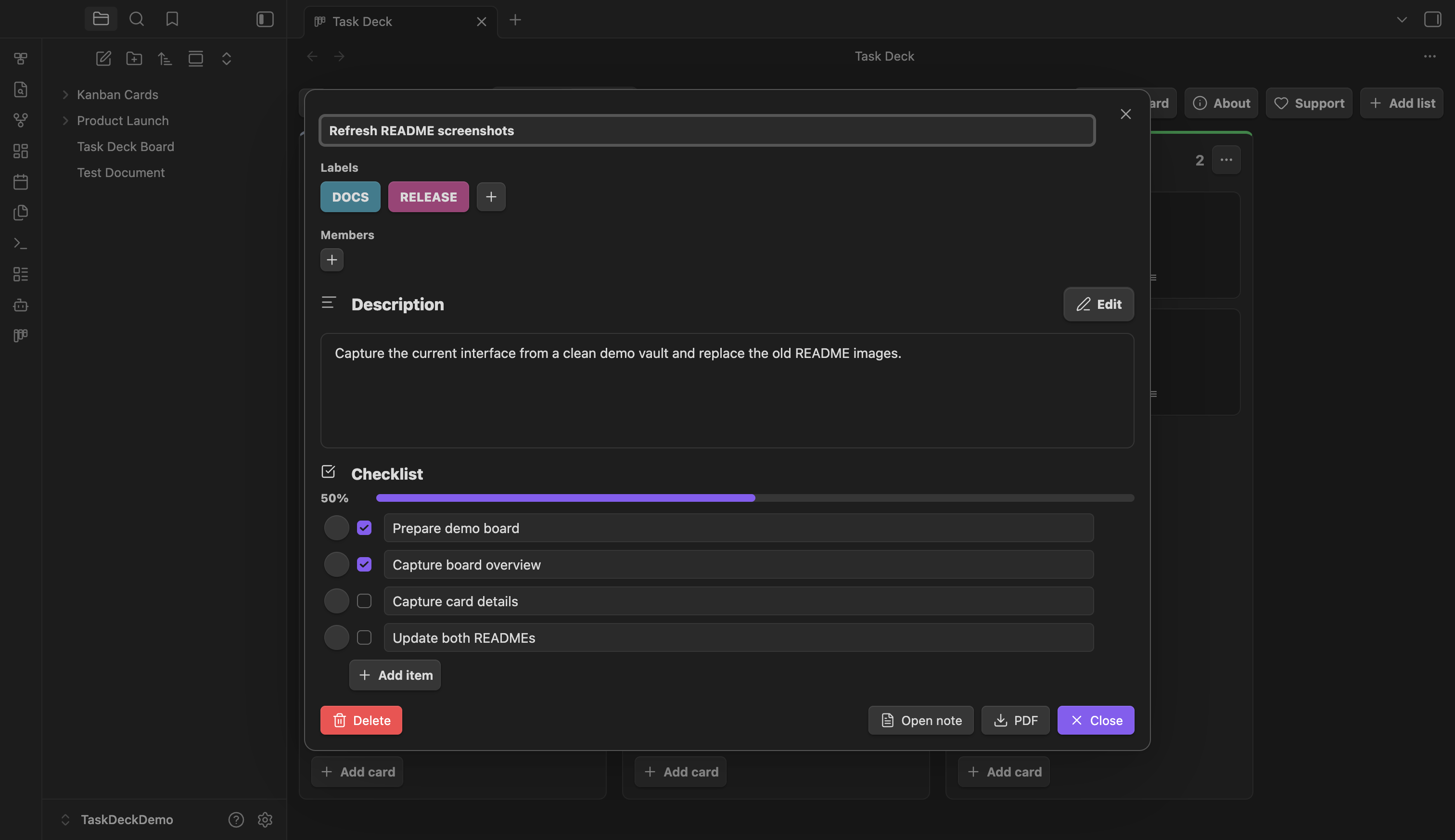 Task Deck card editor with labels, Markdown description, and checklist progress