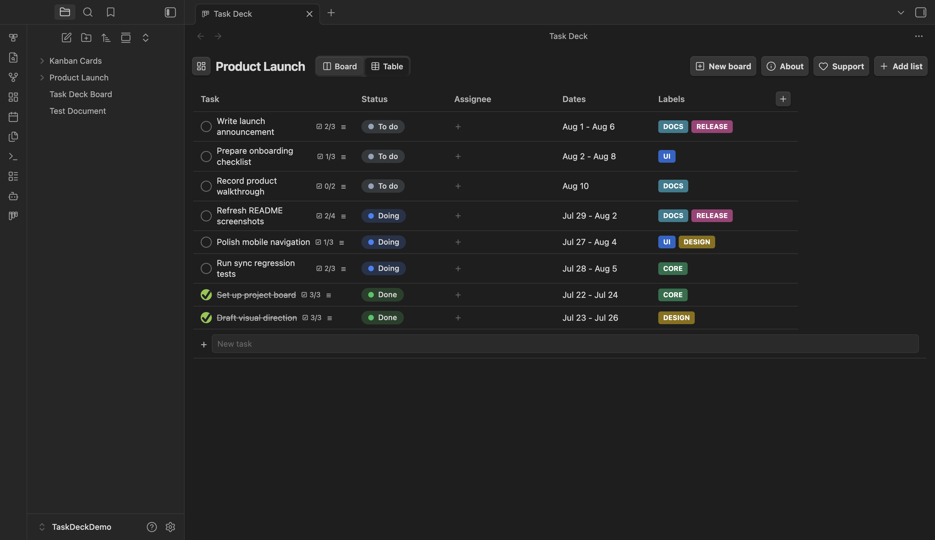 Task Deck table view with status, dates, and labels