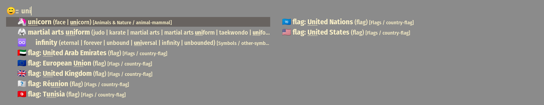Screenshot showing a Rofi window searching for emojis containing "uni", the emoji for "Unicorn face" being selected