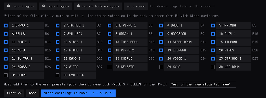 SLOOP web editor: a DX7 cartridge on the FM6 panel